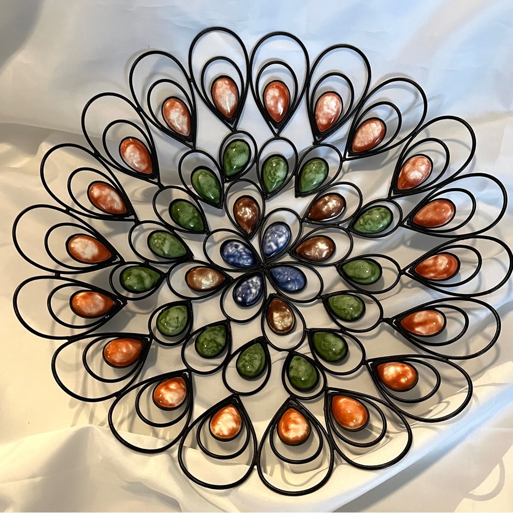 Metal Wire Filigree & Enamel Bowl Colorful Peacock Feather Shapes 14 In Diameter